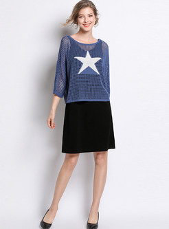 Trendy Hollow Out Star Print Blouse & Solid Color Strap Dress