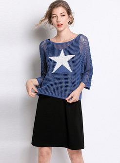 Trendy Hollow Out Star Print Blouse & Solid Color Strap Dress