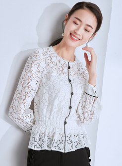 White Lace O-neck Single-breasted Falbala Pullover Blouse With Cami