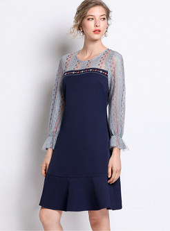 Polka Dot Print Long Sleeve Splicing Plus Size Dress