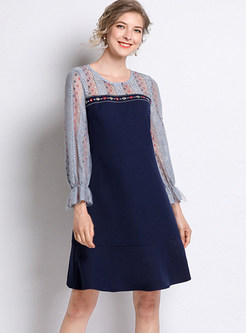 Polka Dot Print Long Sleeve Splicing Plus Size Dress