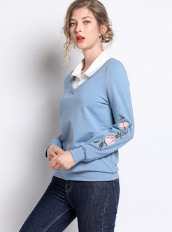 Color-blocked Lapel Embroidered Pullover T-Shirt