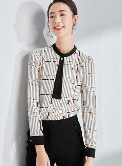 Color-blocked Striped Stand Collar Tie Slim Blouse