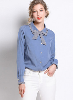 Turn Down Collar Bowknot Single-breasted Blouse