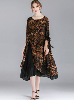 Stylish Leopard Print O-neck Asymmetric Loose Chiffon Dress