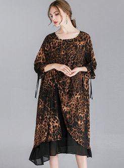 Stylish Leopard Print O-neck Asymmetric Loose Chiffon Dress