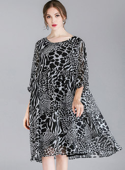 Leopard O-neck Half Sleeve High Waist Shift Dress