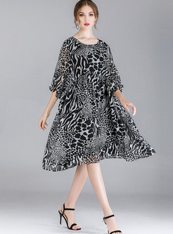 Leopard O-neck Half Sleeve High Waist Shift Dress