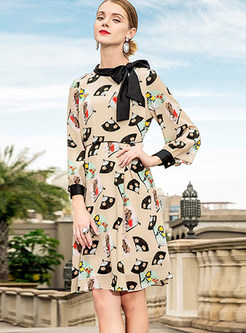 Color-blocked Bowknot Tied Waist Print A Line Dress