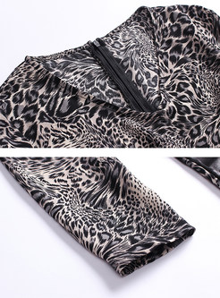 V-neck Long Sleeve Falbala Waist Leopard A Line Dress