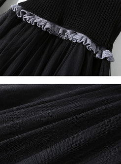 Color-blocked Off Shoulder Bat Sleeve Sweater & Gauze Asymmetric Skirt