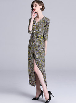 V-neck Three Quarters Sleeve Leopard Print Slit Maxi Dress