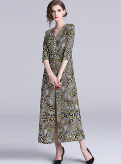 V-neck Three Quarters Sleeve Leopard Print Slit Maxi Dress