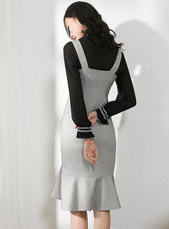 Elegant Stand Collar Flare Sleeve Blouse & Asymmetric Sheath Mermaid Dress