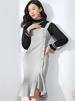 Elegant Stand Collar Flare Sleeve Blouse & Asymmetric Sheath Mermaid Dress