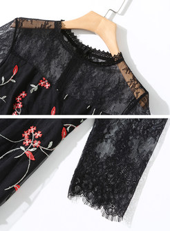 Sexy Perspective Lace Splicing Floral Skater Dress
