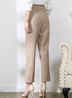 Solid Color High Waist Belted Straight Pants