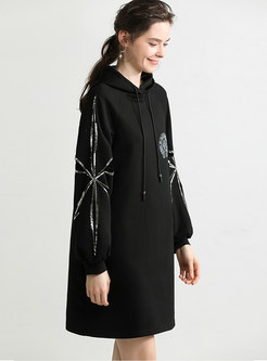 Casual Hooded Sequined Hollow Out Loose Sweatshirt Dress