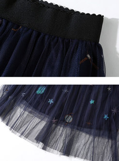 Gauze High Waist Embroidered A Line Skirt