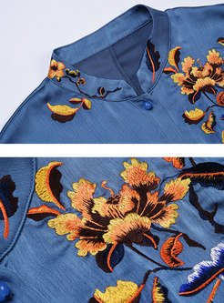 Elegant Embroidered Stand Collar Half Sleeve Maxi Dress