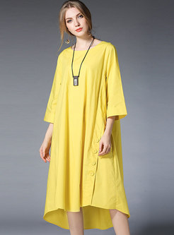 Casual Solid Color O-neck Three Quarters Sleeve Asymmetric Loose Dress