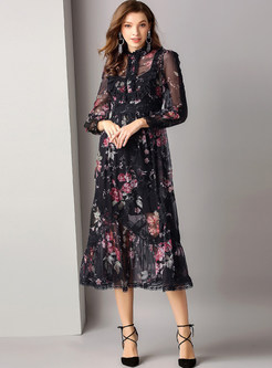 Sexy Perspective Standing Collar Long Sleeve Print Dress With Sling