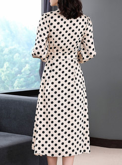 Elegant Polka Dot V-neck Gathered Waist A Line Dress