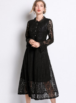 Sexy Lace Flare Sleeve See-though Slim Maxi Dress