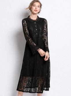 Sexy Lace Flare Sleeve See-though Slim Maxi Dress