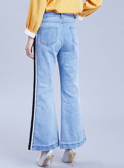 Fashion Color-blocked Mid-waist Light Blue Denim Pants