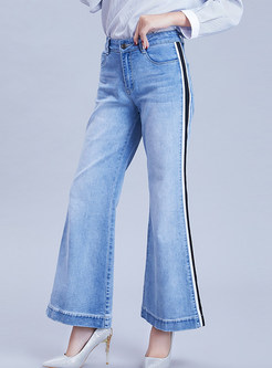 Fashion Color-blocked Mid-waist Light Blue Denim Pants