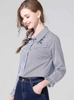 Lapel Long Sleeve Single-breasted Striped Blouse
