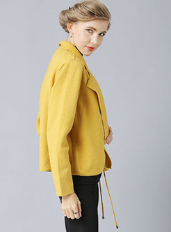 Fashion Notched Pure Color Tied Loose Short Coat