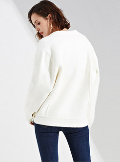 White Lapel Long Sleeve Loose Knitted Short Coat