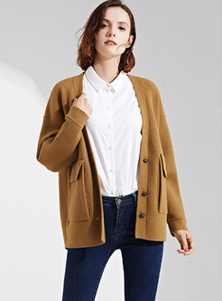 V-neck Single-breasted Pocket Knitted Short Coat