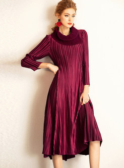 Solid Color Stylish Scarf Collar Waist Pleated Dress