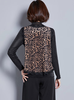 Stylish Standing Collar Leopard Splicing Mesh T-Shirt