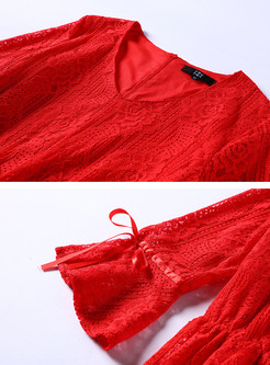 Red V-neck Flare Sleeve High Waist Skater Dress