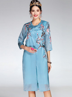 Three Quarters Sleeve Embroidered Silk Two Piece Outfits