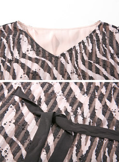 Chic Leopard Print V-neck Sequins Tie-waist Slim Blouse