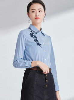Striped Embroidered Lapel Single-breasted Slim Blouse