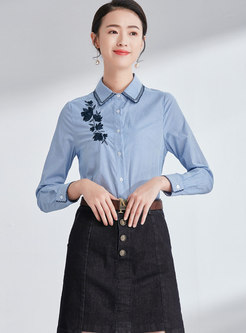Striped Embroidered Lapel Single-breasted Slim Blouse