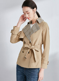 Plaid Splicing Notched Belted Double-breasted Trench Coat