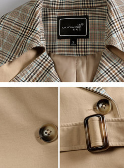 Plaid Splicing Notched Belted Double-breasted Trench Coat