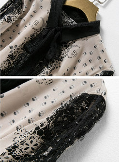 Chic Lace Splicing Print Lapel Single-breasted Blouse