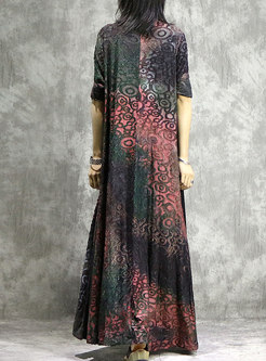 Vintage Print Splicing O-neck Hem Maxi Dress