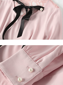 Pink Splicing Bowknot High Waist Asymmetric Pleated Dress