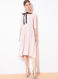 Pink Splicing Bowknot High Waist Asymmetric Pleated Dress