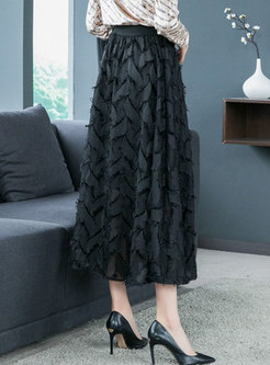 Elegant Black Elastic Waist Tassel Hem Skirt