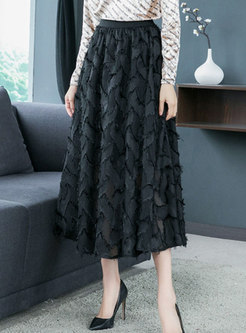 Elegant Black Elastic Waist Tassel Hem Skirt